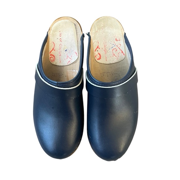 Vintage Wooden Sole Navy Leather Slip On Scandinavian Style Clogs EU 40 USA 9 - Picture 9 of 9